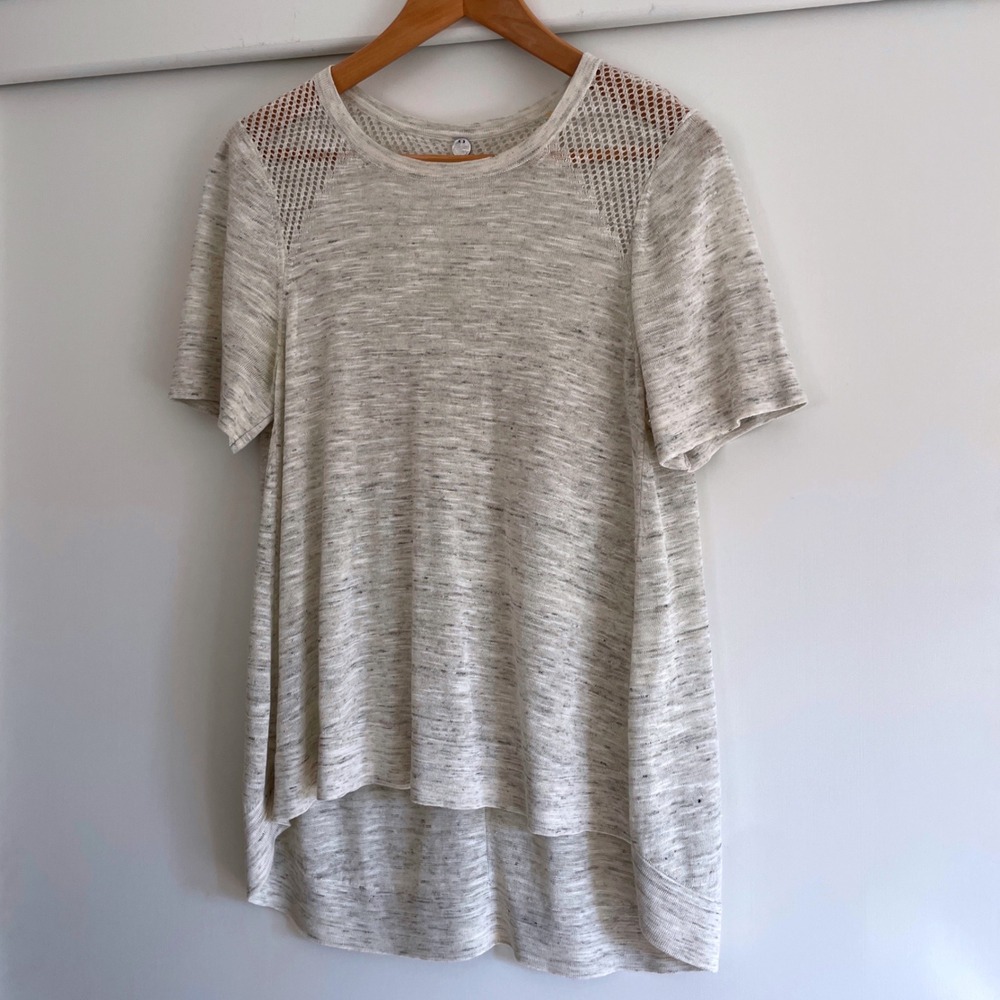 Margaret O'Leary Mesh Detail Tunic Top Gray White Marled Knit Short Sleeve S